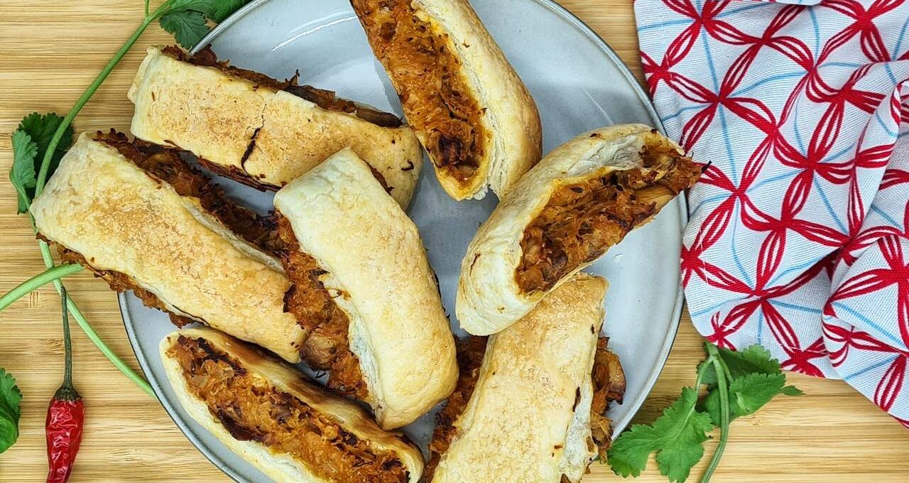 Puff pastry rolls with cabbage and mushrooms